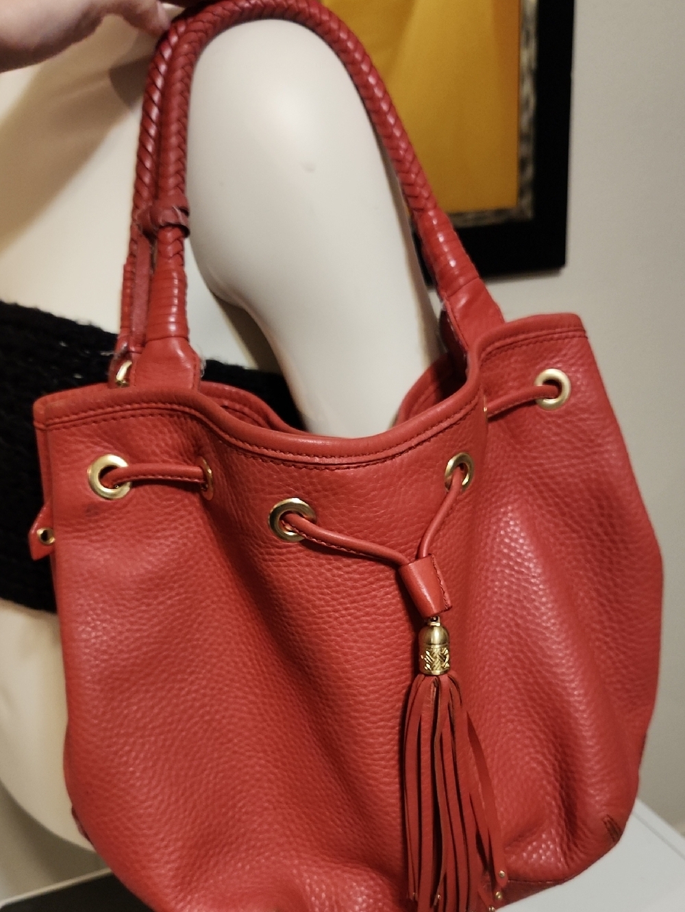 Cole Haan Red Pebbled Leather Tassel Hobo Tote - Unbranded